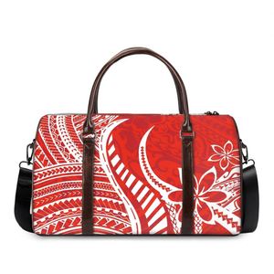 Sac de sport de voyage polynésien tribal à motifs floraux rouges, sac de voyage personnalisé avec logo, sac de voyage imperméable pour femmes - Product Image 1
