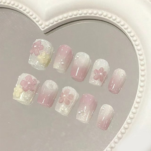 Uñas postizas con forma de almendra, longitud media, diseño degradado con brillantina en rosa y marrón para aplicación en los dedos. - Product Image 5