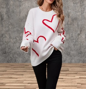 Women Round Neck Heart Pattern Knit Sweater <strong>Valentine</strong> Contrast Color Loose Pullover <strong>Jumper</strong> Casual Long Sleeve Tops - Product Image 2