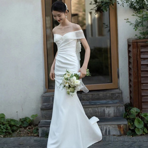 Off The Shoulder Sweetheart Neckline Mermaid Wedding Dress White Satin Simple Forest Style With Short Train For Coming Of Age - Product Image 3