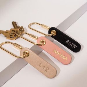 Metal Carabiner Oblong Tag Keychain Personalized <b>Name</b> Key <b>Ring</b> PU Leather Bag Charm Bridesmaid Favor - Product Image 1