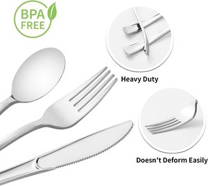 50 gói Pre cán Bạc nhựa bạc nhựa thiết lập Dao kéo ưa thích dùng một lần bạc với dĩa dao thìa và khăn ăn - Product Image 4