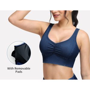 Soutien-gorge de sport long en denim froncé pour femme, col en V, rembourré, respirant, pour le fitness - Product Image 5