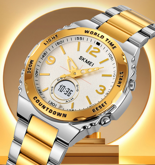 Men's Fashion Dual Time Watch World Time Chronograph Daylight Saving Time Feature Stainless Steel Strap Waterproof