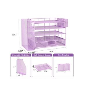 4 Tier Desk Organizer Storage with Vertical Mesh File Racks Paper Letter Tray Office Organization with Drawer and <b>Pen</b> Holder - Product Image 4
