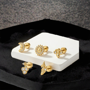 Pendientes de Plata de Ley 925 Chapados en Oro con Circonita Cúbica, Diseño de Sol, Hoja, Llave y Abeja, Set de Joyería Fina para Regalo - Product Image 3
