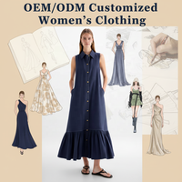 Gaun kemeja midi wanita custom grosir warna biru navy tanpa lengan, kerah runcing, kancing depan, saku samping, dan detail ruffle bertingkat.