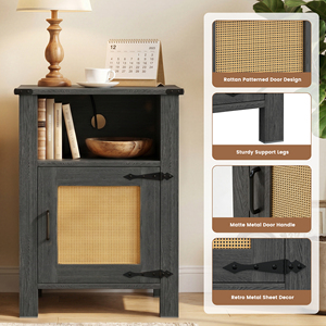 Farmhouse Nightstand with Rattan Decor Door Magnetic Soft Close <b>Side</b> End <b>Table</b> with Open <b>Storage</b> Compartment for Bedroom Living - Product Image 4
