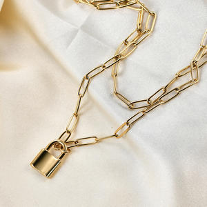 Grabado 18K chapado en oro mujeres joyería Sexy 2 capas Paperclip enlace grueso cadena bloqueo gargantilla collar - Product Image 5