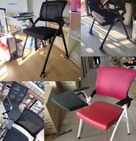 Chaise de bureau pliante en tissu avec accoudoirs réglables, structure en fer, confortable, portable, pour conférence, avec tablette d'écriture