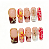 Ongles carrés avec coins arrondis, rouge, French manucure brillante, faux ongles à presser, ABS, faits à la main, 10 pièces, ongles carrés avec fleurs 3D