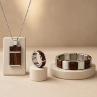 Set Perhiasan Baja Tahan Karat dengan Inlay Kayu Alami, Kalung, Cincin, Gelang, Warna Perak, Tahan Air, Hadiah untuk Pria, OEM Kustom