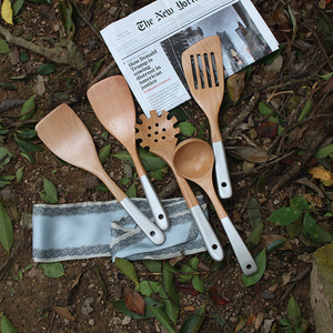 Beechwood Wooden Utensil Set 5 Pieces Silver Handle Spatula Ladle Spoon Non Stick Frying Kitchen Tools - Product Image 1