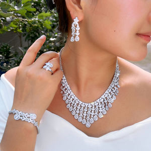 الفضة مطلي مكعب زركونيا النيجيري الزفاف لونغ ليف مجوهرات شرابة مجموعة حلقة قلادة أقراط سوار للعرائس - Product Image 2