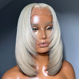 Pelucas de cabello humano <span class=keywords><strong>rubio</strong></span> platino Bob 100%, cabello virgen alineado con cutícula, pelucas delanteras de encaje <span class=keywords><strong>corto</strong></span> sin pegamento para mujer - Product Image 1