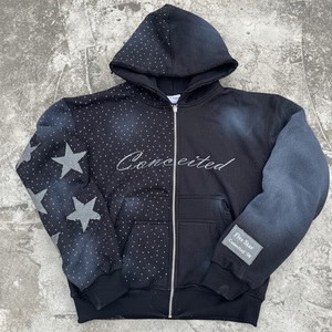 Sweat à capuche zippé en strass, 100% coton de haute qualité, effet délavé et vieilli, style streetwear, coupe oversize, <span class=keywords><strong>noir</strong></span>, personnalisable - Product Image 1