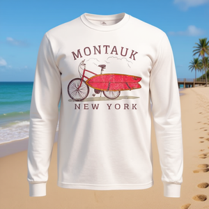 Camiseta de manga larga con diseño de bicicleta estilo retro para fanáticos del surf de Montauk, Nueva York, ropa promocional premium - Product Image 3