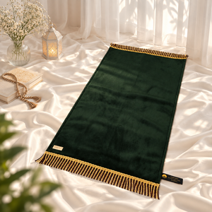Green Rectangular <b>Prayer</b> <b>Mat</b> with Gold Fringe Non-Slip Foam Flat Weave <b>Muslim</b> Style Bedroom Use Washable Machine Made Low Pile - Product Image 1