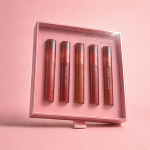 Caja de regalo rosa para set de maquillaje labial multicolor, caja rígida de PET con cinta. - Product Image 1