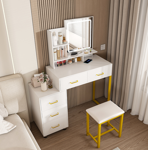 Modern Makeup Vanity <b>Table</b> with LED Lights & 3-Color Power Outlet 5 Drawers Sturdy Metal <b>Legs</b> & Chair for Bedroom/Living Room - Product Image 1