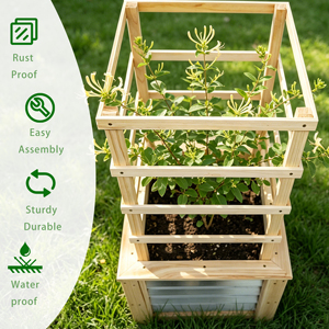 Natural Wood & Galvanized Steel Garden Raised Bed WithTrellis Heavy Duty Plant Support <b>Planter</b> Box for Climbing Flowers - Product Image 2