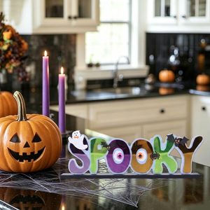 Décoration d'Halloween rustique en bois avec lettres textiles, pour intérieur, maison, bureau, motif fantôme, chauve-souris, yeux d'araignée, forme irrégulière, pièce unique - Product Image 4