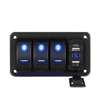 Panneau de commutation à bascule en aluminium 3 gangs SPST marche/arrêt avec double prise de charge USB et voltmètre LED bleu pour voiture, camping-car, bateau