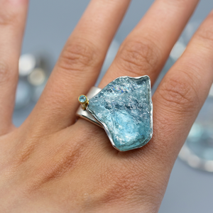 Designer Aquamarine Rough Natural Gemstone Bezel Setting 925 Solid Sterling Silver Handmade Wedding & Party <b>Ring</b> Jewelry - Product Image 2