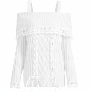 เสื้อสวมหัวลูกไม้แขนยาวสำหรับผู้หญิงเสื้อจั๊มเปอร์ผูกโบว์สเวตเตอร์ถักสีขาว - Product Image 1