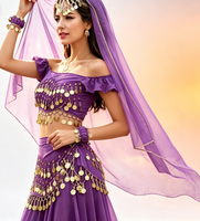 4 Ensembles de Danse Orientale en Chiffon avec 128 Pièces Dorées, Foulards de Hanche et Épingles à Cheveux pour Halloween, Entraînement et Spectacles sur Scène pour Femmes
