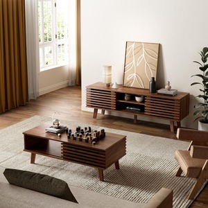Juego de mesa de centro de 2 piezas Midcentury con almacenamiento de puerta <span class=keywords><strong>corredera</strong></span>, soporte de TV de madera de nogal para sala de estar y dormitorio - Product Image 1