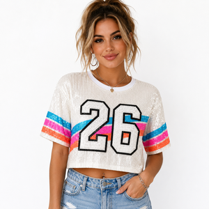 Custom <b>Sequin</b> Basketball Fan <b>Crop</b> <b>Top</b> Women's Jersey Style Game Day Apparel Number Print Spirit Wear Wholesale - Product Image 2