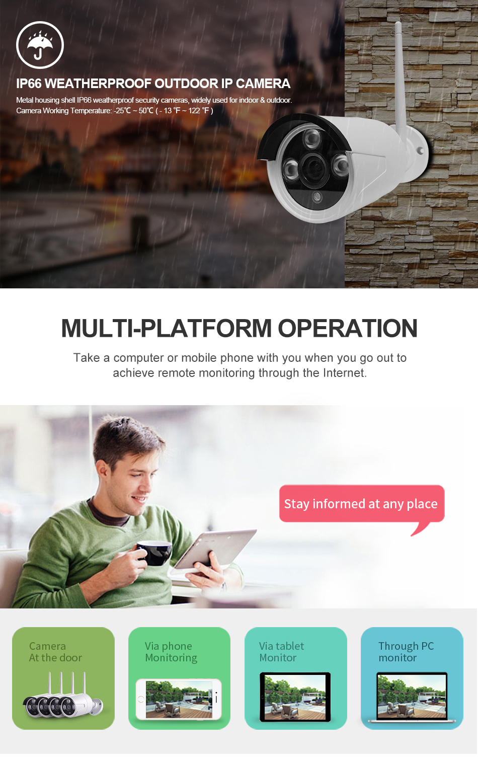 MULTI-PLATFORM OPERATION Take a computer or mobile phone with you when you go out toachieve remote monitoring through the Internet.