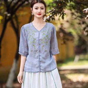 Women's V-neck Cotton Linen Blouse Pink Embroidered Mid-sleeve <b>Top</b> Vintage Style Everyday Wear - Product Image 5