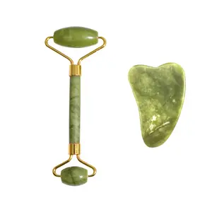 Rouleau de Massage du visage en Jade, étiquette privée, naturel, vert, Xiuyan, véritable pierre de Jade, Set pour le visage, avec boîte