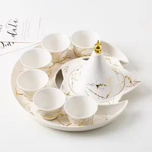 Wholesale Muslim Ramadan Eid Ceramic Coffee Tea Sets Creative New Style Tea Cup Set With Tray Home Golden 8 Pcs Cawa Cups Set