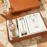 Jam Tangan Quartz Wanita Modern Urban Chic Set Kalung Liontin Batu Solitaire Trendi Anting Cincin 8 Warna Influencer