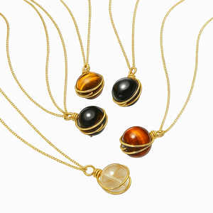 Gemstone <b>Necklaces</b> | 18K PVD Gold Plated Stainless Steel Wire-Wrapped Natural Stone Celestial Sphere Planet Pendants - Product Image 1