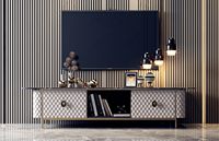 Meuble TV intégré en bois massif élégant avec panneau décoratif pour salon de villa haut de gamme