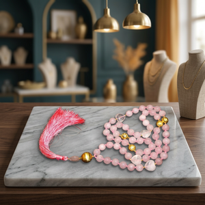 Collar de meditación de cuarzo rosa con 108 cuentas mala, cuentas decorativas en forma de corazón, cuentas doradas Guru y borla rosa, anudado a mano, para ella - Product Image 1