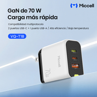 Miccell 70W Chargeur GaN USB C mural avec 2 ports USB C, 1 port USB A, adaptateur PD QC Type C pour iPhone et smartphone