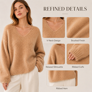 V-Neck <b>Wool</b> Sweater Brushed Knit Women's Loose Fit <b>Base</b> <b>Layer</b> Top Custom Logo Premium Soft Warm Casual Pullover - Product Image 2