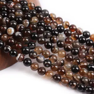 Hot selling high-end natural agate round beads 4/6/8/10/12 mm dark brown striped agate semi-finished loose beads wholesale