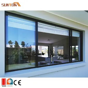 Customized aluminium door and window modern aluminum frame blue color tinted glass sliding windows with roller blinds