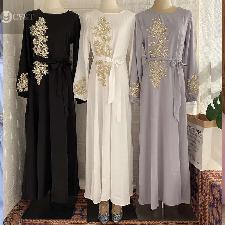 2021 Dubai Abaya Muslimische Kleidung Dubai Lace Perlen Druck Abaya Muslim Kleider Kleidung Langarm Freizeit kleid Für Frauen
