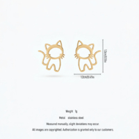 QIAOREN 11876 Pendientes de tuerca de gato huecos de moda, de acero inoxidable chapado en oro de 18K, joyería con contorno de gatito lindo para mujeres y niñas, ¡superventas en EE. UU.!