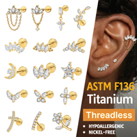 JIAXIN ASTM F136 Titanio de grado implante con circonita, pendientes de labret sin rosca con sistema push-pin para tragus y hélice, joyería para piercing corporal