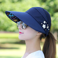 Chapeau de soleil pour femme avec visière, protection UV, respirant, noir, décontracté, été, pêche, plage, queue de cheval, large bord
