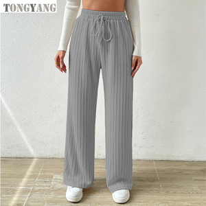 TONGYANG 2024 Hot Selling <strong>Women</strong> Knitted Wide Leg <strong>Trousers</strong> <strong>Elastic</strong> High <strong>Waist</strong> Solid Color Casual Loose Straight <strong>Women</strong> Long Pants - Product Image 3