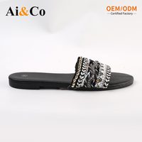 Chaussures pour femmes, pantoufles bohèmes, sandales à glissière perlées avec strass, plates, à bout carré, respirantes, confortables, légères, antidérapantes